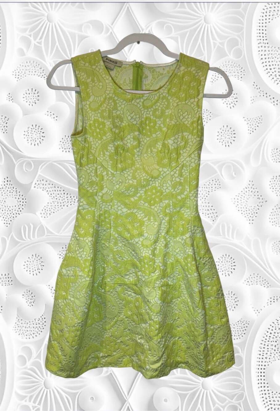Pinko Lime Green Jacquard Sleeveless Mini Dress Made in Italy